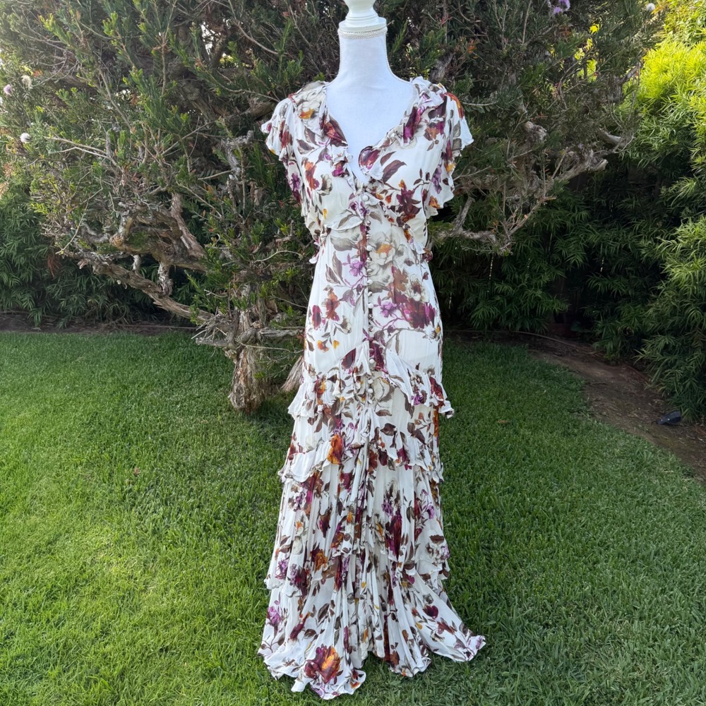 Anthropologie Floral‎ Maxi Dress Ruffle Trim V-Neck Romantic Size 4 NWT